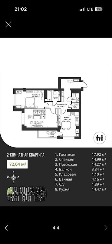 купить квартиру в бишкеке вторичка: 2 комнаты, 72 м², Городское ГАИ Элитка, 4 этаж, ПСО (под самоотделку) — 1