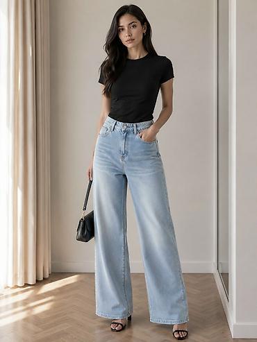 yeni model şalvarlar: Qadın geniş kəsimli yüksək belli cins şalvar - Stil: Wide-leg, düz — 1