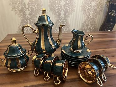 Çay dəsti, rəng - Yaşıl, Farfor, 6 nəfərlik