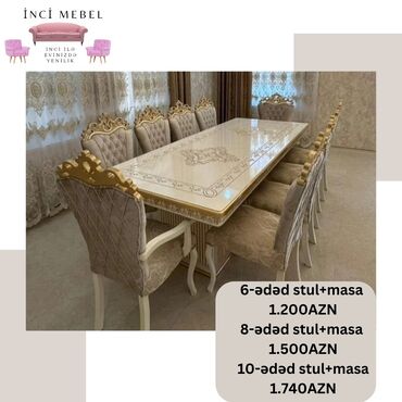 Masa və oturacaq dəstləri: Qonaq otağı üçün, Yeni, Açılmayan, Dördbucaq masa, 6 stul — 11