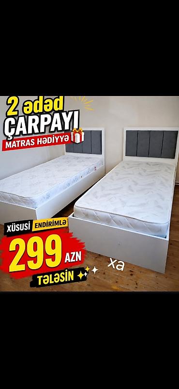 kunc mebel: 2 ədəd tək çarpayı dəsti – matras hədiyyə - Rəng: ağ korpus, boz — 1