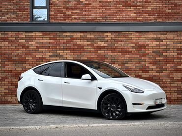тесла машына: Электромобиль Tesla Model Y белого цвета с панорамной крышей и черными