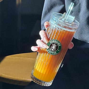 стаканы для лимонада: Высокие стеклянные стаканы Sunshine Coffee с крышкой и трубочкой - — 3