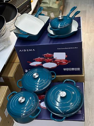 cast: Набор чугунной посуды AIDEMA — Cast Iron Dutch Oven Set, зелёный. 7в1 — 8