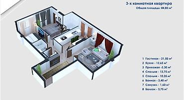 ош рынак: Построен, Элитка, 1 комната, 84 м² — 7