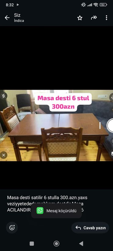metbex stol stul işlenmiş: Для гостиной, Б/у, Прямоугольный стол, 6 стульев