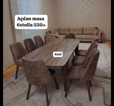 Masa və oturacaq dəstləri: Qonaq otağı üçün, Yeni, Açılan, Dördbucaq masa, 6 stul