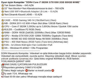 Masaüstü kompüterlər və iş stansiyaları: Oyun üçün Kompüter "DDR4 Core i7 5820K GTX1050 2GB 500GB NVME” ⭐Tək — 2