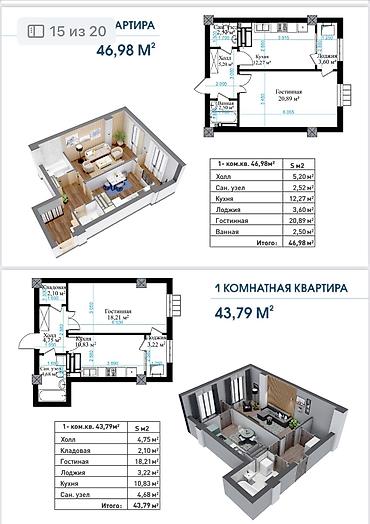 Продажа квартир: 1 комната, 44 м², Пишпек Индивидуалка, 13 этаж, ПСО (под самоотделку) — 1
