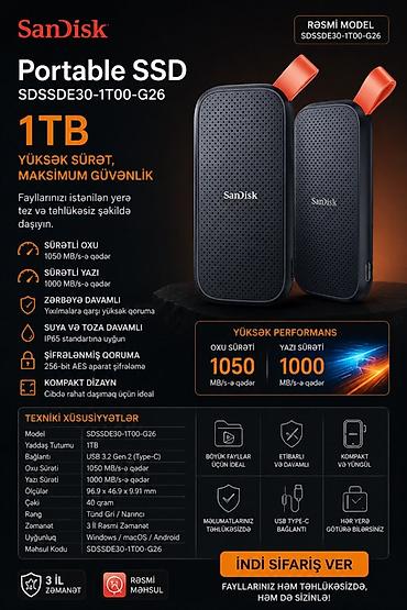ssd yaddaş: Xarici SSD disk Sandisk, 1 TB, Yeni — 1