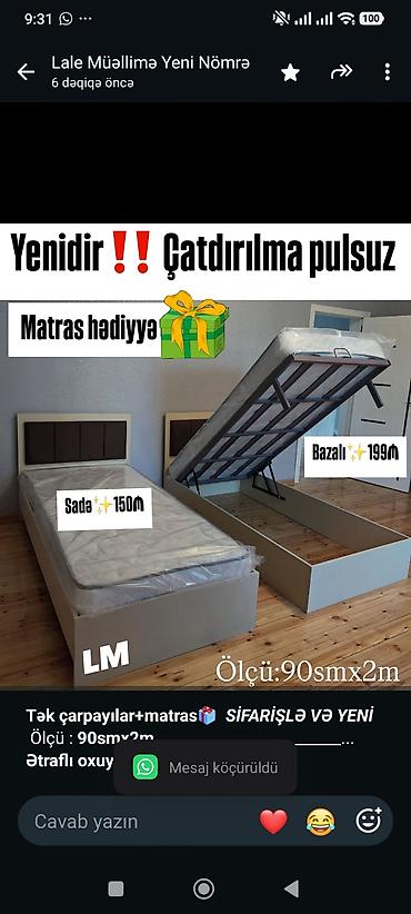 *Tək çarpayılar+matras🎁* _*SİFARİŞLƏ VƏ YENİ*_ Ölçü : *90smx2m* lalafo.az -da *Tək çarpayılar+matras🎁* _*SİFARİŞLƏ VƏ YENİ*_ Ölçü : *90smx2m*