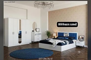 salon mebelleri: Yataq otağı mebel dəsti - Rəng: ağ gövdə, mavi yumşaq başlıqla — 1