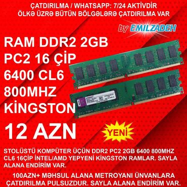 Elvin Emilzadə: Operativ yaddaş (RAM) Kingston, 2 GB, < 1333 Mhz, DDR2, PC üçün, Yeni