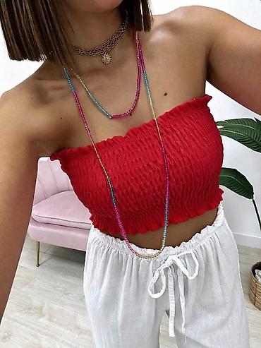 top svecani: Crop top bez bretela – nabrani (smocked) bandeau kroj. - Materijal — 4