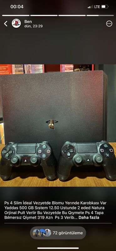 PS4 (Sony Playstation 4): Ps 4 slim ideal Vezyetde Yaddas 1 TB sistem 12.00 ustunde 2 orjınal