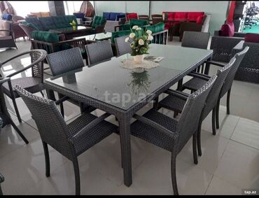 Bağ, çöl masa və oturacaq dəstləri: Kvadrat masa, Açılmayan, Stullar ilə, Həsir toxunuşlu — 7