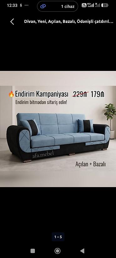 divan olcusu: *Divan 179Azn💥* ✔️Rəng seçimi var ✔️Açılan və Bazalı ✔️ Ölçü 210sm — 1