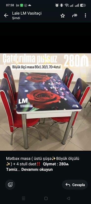 Чайники: Mətbəx masa ( üstü şüşə✨Böyük ölçülü✨) + 4 stull dəst‼ *Qiymət 