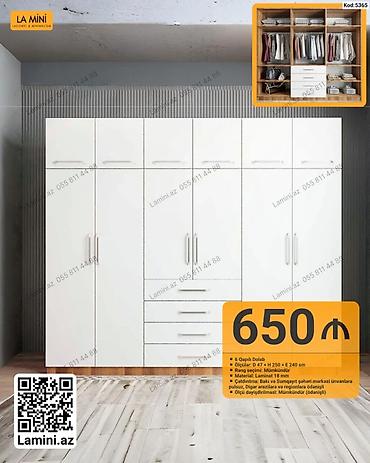 Dolablar: 6 qapılı dolab. Ölçüləri: dərinlik 47 sm, hündürlük 250 sm, en 240 — 1