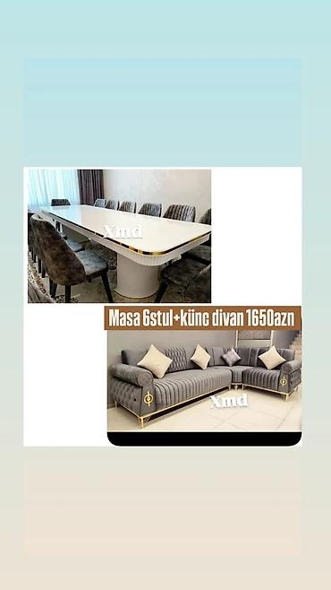 Mebel dəsti: Masa + 6 ədəd stul + künc divan - Masa: Parlaq ağ üst