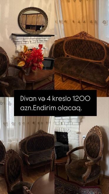 klasik mebel: İşlənmiş, Klassik divan, 4 kreslo, Bazasız, Açılmayan