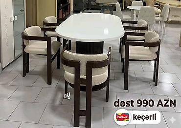kafe stul: Yemək otağı üçün dəst – 6 ədəd stul + oval masa - Masa: parlaq ağ — 1