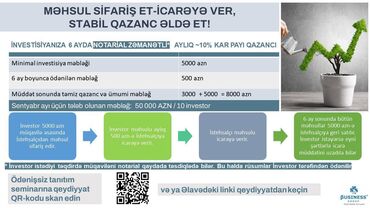 Другие услуги: 5000 azn investisiya ilə 500 azn aylıq qazanc. Müddət sonunda əsas