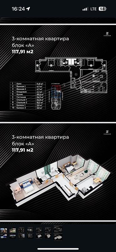Продажа квартир: 3 комнаты, 118 м², ул. Чынгыз Айтматова Элитка, 3 этаж, ПСО (под самоотделку) — 2