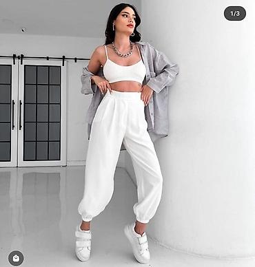 qar geyimi: Ağ rəngli qadın şalvar - Model: yüksək belli, toparlayan kəsim - — 1