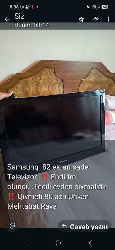 televizorlar ucuz qiymete: Samsung televizor, 82 ekran (təxmini 32"). Sadə model. Mətn üzrə — 1