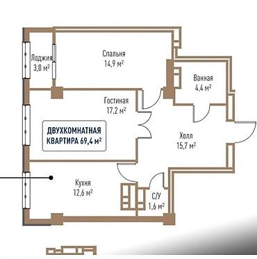 однокомная квартира: 2 комнаты, 69 м², Элитка, 11 этаж, ПСО (под самоотделку) — 4