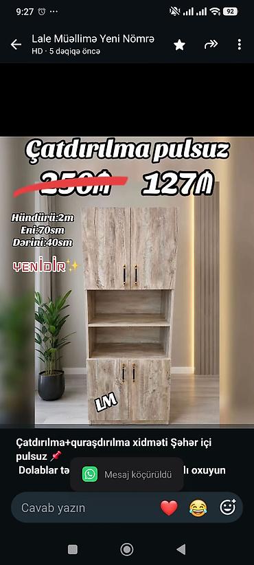 Ev və bağ: *Çatdırılma+quraşdırılma xidməti Şəhər içi pulsuz* 📌 *Dolablar — 1