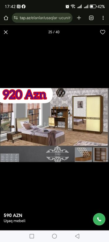 Uşaq və gənc otağı üçün dəstlər: Oğlan və qız üçün, Təknəfərlik çarpayı, Yazı masası — 19