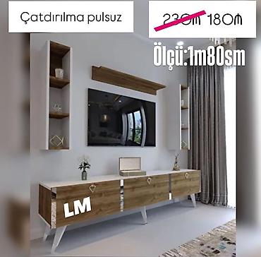 TV stendi və divar rəfi dəsti - Ümumi ölçü: 1 m 80 sm - Dizayn: ağ və