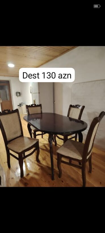 Комплекты столов и стульев: Masa desti satilir. 4 oturacaq daxil. *Qiymeti 130 Azn.* Unvan at lalafo.az Комплекты столов и стульев: Masa desti satilir. 4 oturacaq daxil. *Qiymeti 130 Azn.* Unvan