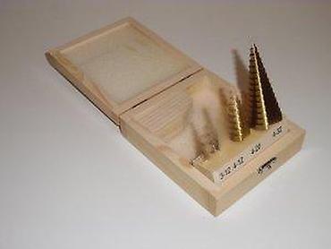 Burgije: Set stepenastih burgija u drvenoj kutiji - 4 komada titanisano — 7