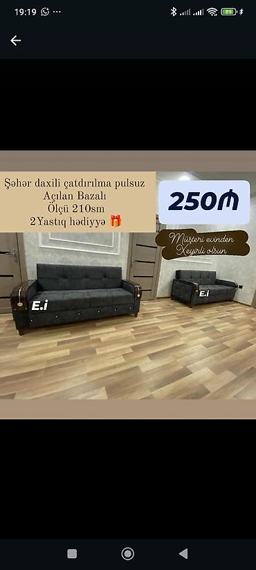 Divanlar: Açılan-bazalı divan - Ölçü: 210 sm - Rəng: tünd boz - Taxta qol — 1