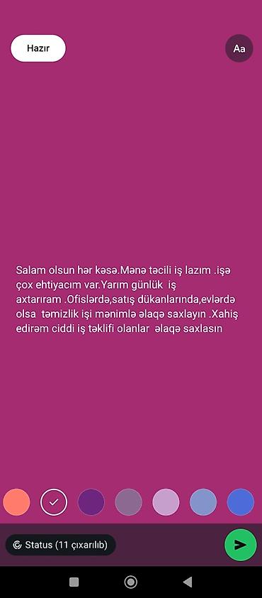 xadime is: Evlərdə,ofislərdə,satış mağaza və dükanlarda yarım günlük xadimə işi — 1