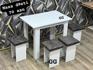kilim: Masa dəsti – 70 AZN Ağ rəngli kompakt yemək masası və 4 taburet. - — 2