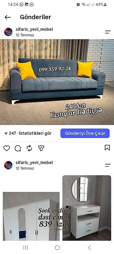 Divanlar: Mebel dəsti və divan - Mavi rəngdə müasir dizaynlı, yumşaq oturacaqlı — 1