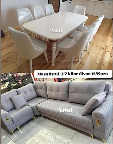 kunc divani: Məhsul dəsti: - Yemək masası + 8 ədəd stul - 3+2 ölçülü künc divan — 1