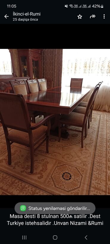 Salon masaları: Masa desti 8 stulnan 500₼ satilir .Dest Turkiye istehsalidir .Unvan