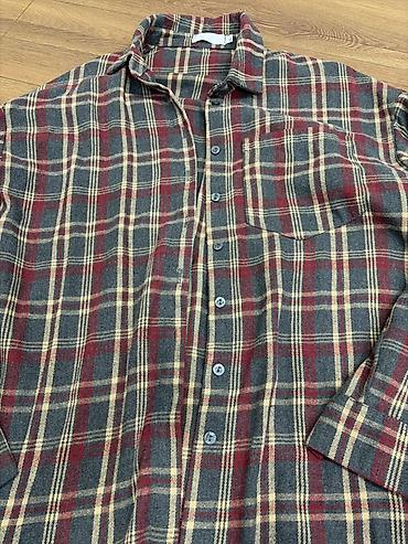 Qırmızı-boz-bej rəngli karetli flanel köynək - Material: yumşaq