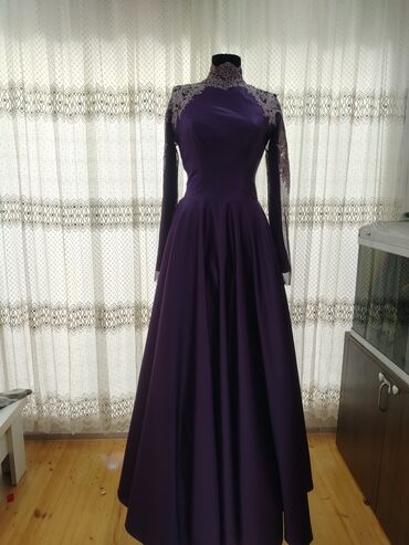 Ziyafət donları: Bənövşəyi rəngdə zərif ziyafət/libas - Model: uzun ətəkli, tam qollu — 1