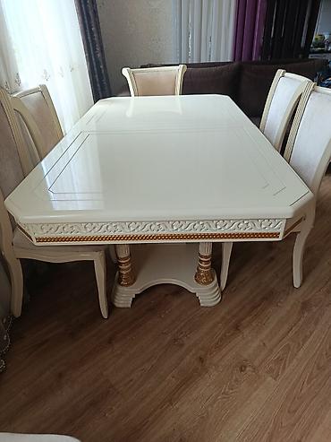 Mebel: Qonaq otağı üçün, İşlənmiş, Açılan, Dördbucaq masa, 8 stul — 1