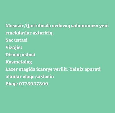 muhafize is: Qadın saç ustası tələb olunur, Yerin icarəsi, 1-2 illik təcrübə — 1