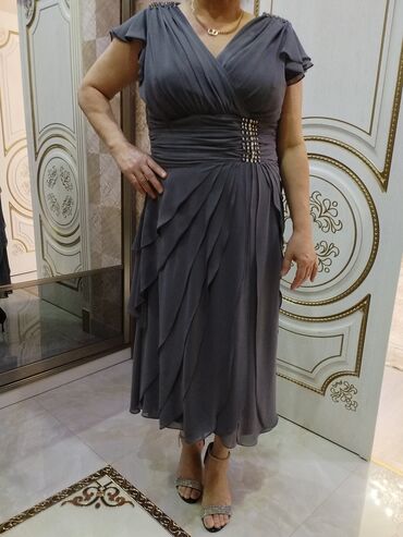 Ziyafət donları: Zərif tünd-boz rəngli ziyafət/gecə paltarı - Uzunluq: midiyə yaxın — 6