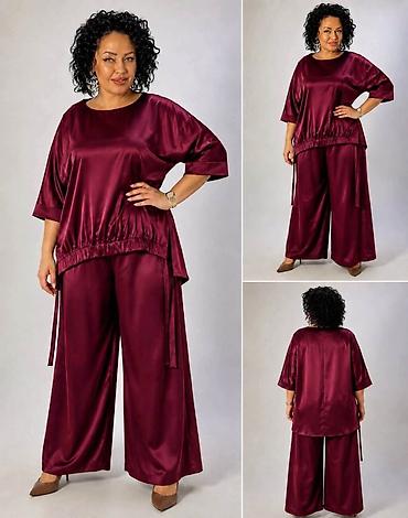 silvia pantalone: Fa, Damski komplet od satena – bluza i široke pantalone - Materijal — 5