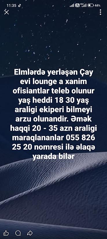 Əməkdaş axtarışı (vakansiyalar): Ofisiant tələb olunur, Kafe, Gündəlik ödəniş, 18-29 yaş, 1-2 illik təcrübə — 1