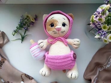 для будущих мам: Котенок вязанный в розовом чепчике подарок девочке Котенок вязанный